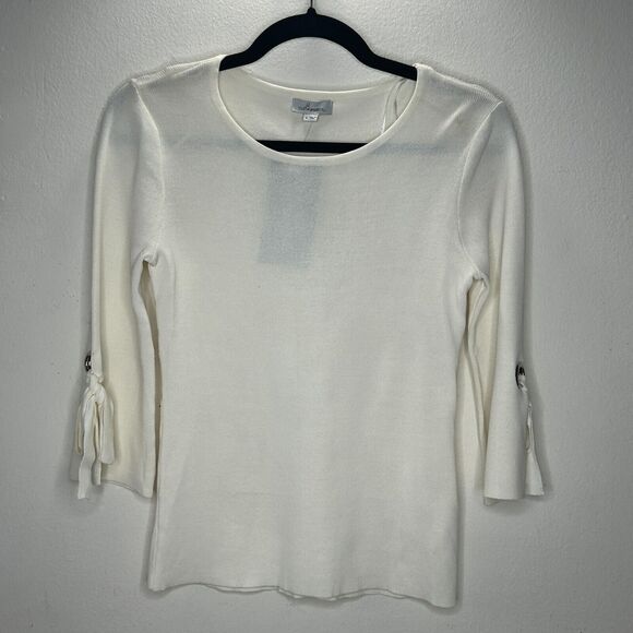 NWT Olivia Warren Off-White Round Neck 3/4 Grommet Tie-Sleeve Sweater Small - Picture 1 of 8